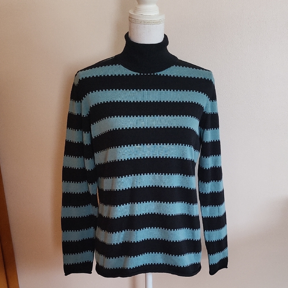 Worth Striped Cotton Turtleneck Black/Blue Size Large
